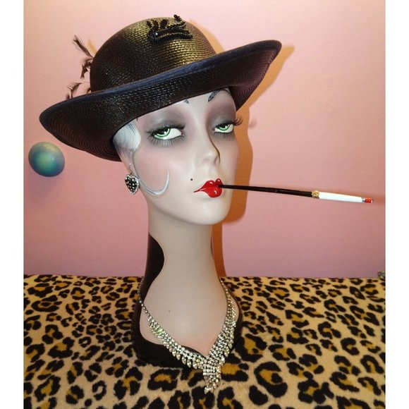 Vintage Black Church Hat with beads sequins feathers & flower goth pinup retro main image 13